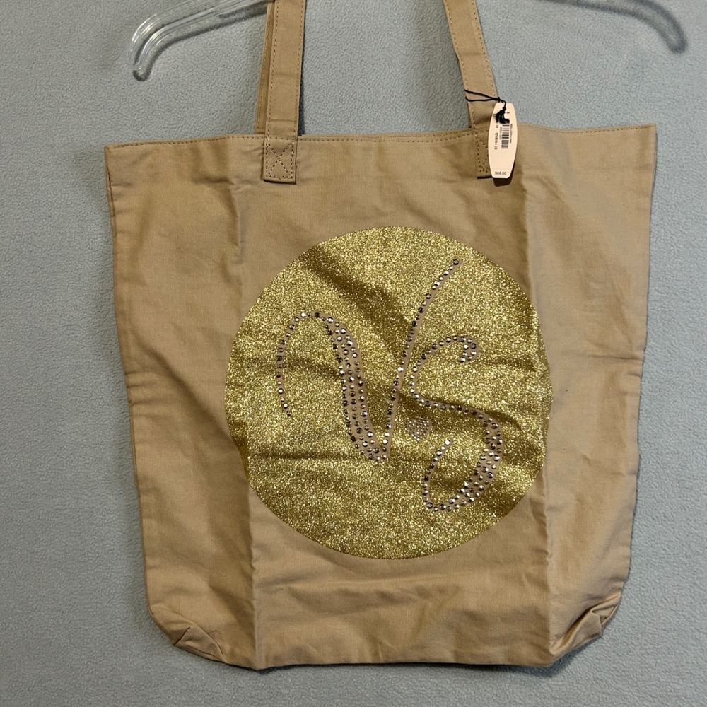 Victorias Secret Tan Canvas Tote Bag Gold Glitter VS Logo‎ Shopper Travel Beach